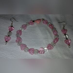 NWT Handcrated Pink & Silver Glass Heart Beaded Valentine's Jewelry Set.